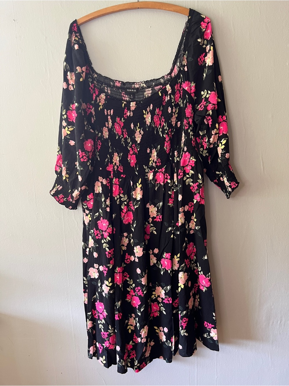 torrid Black Midi Dress with Pink and Cream Floral Print